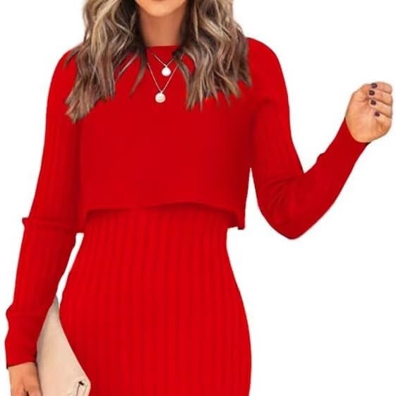 Ezbelle Women's Long Sleeve Sweater Dresses 2 Piece Outfits Sets Ribbed Knit Crop Tops and Tank Bodycon Midi Dress