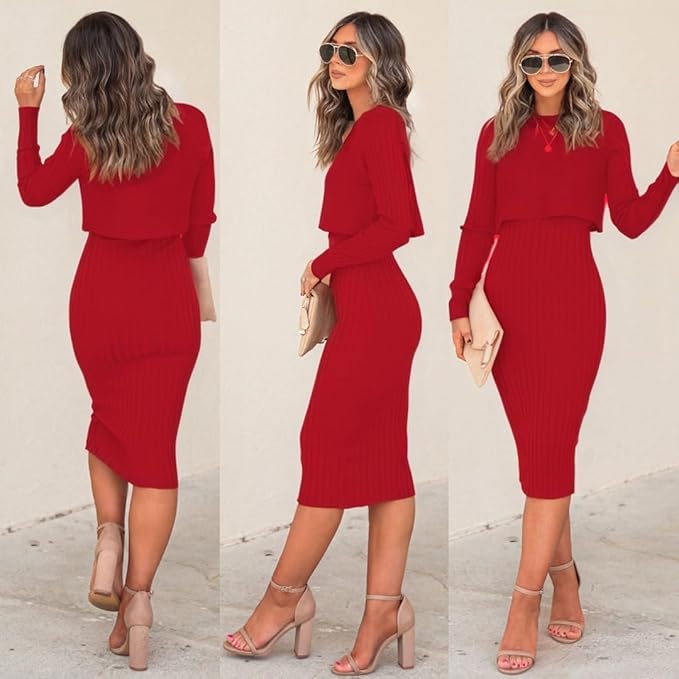 Ezbelle Women's Long Sleeve Sweater Dresses 2 Piece Outfits Sets Ribbed Knit Crop Tops and Tank Bodycon Midi Dress