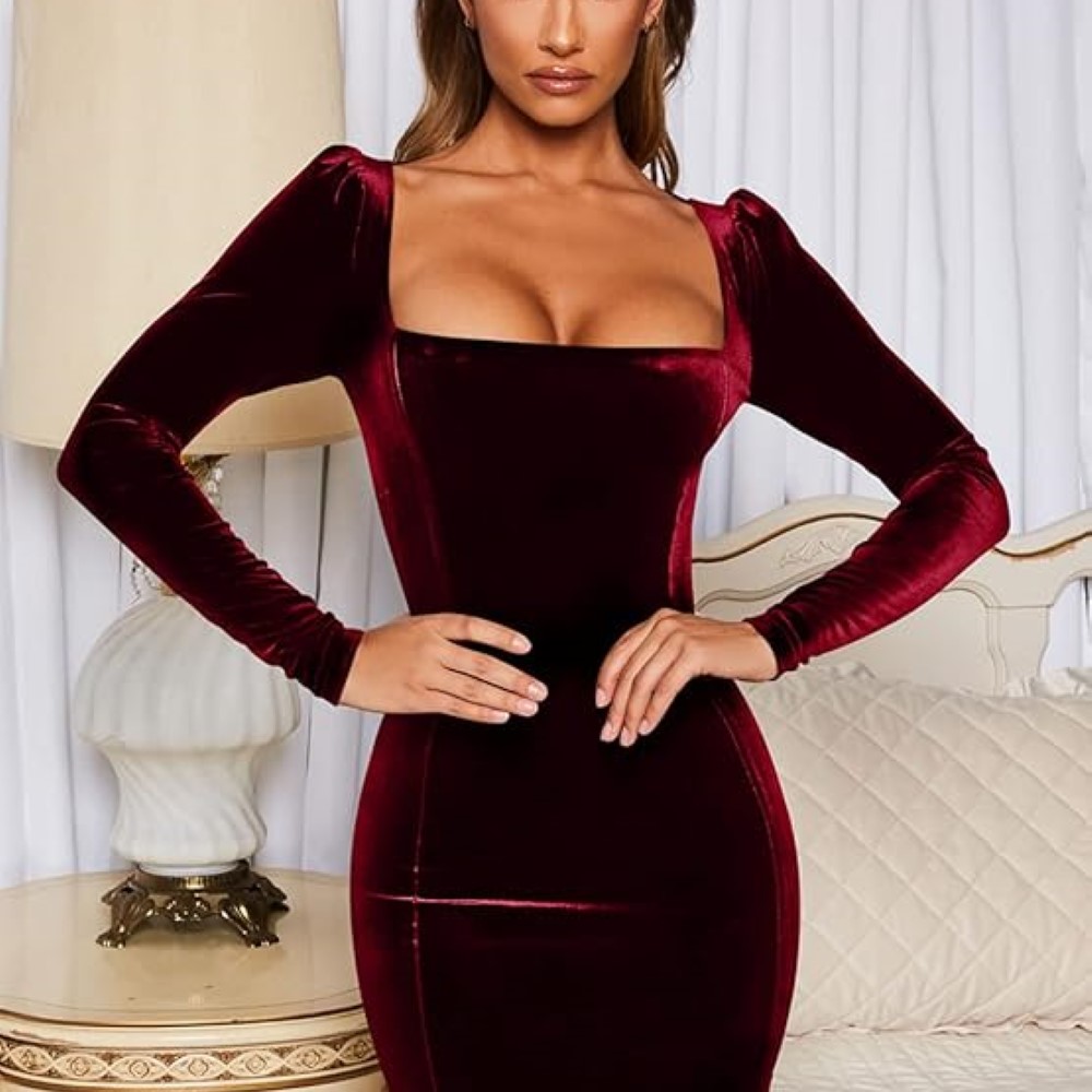 GOBLES Womens Sexy Velvet Long Sleeve Bodycon Elegant Mini Party Dress