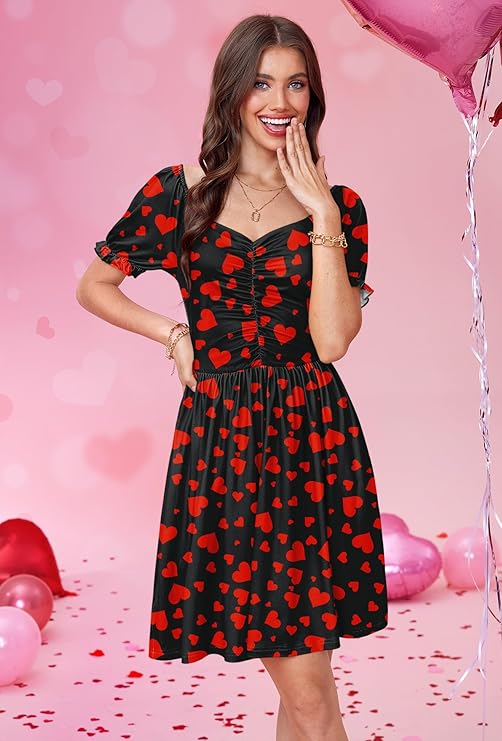 For G and PL Women's Valentine's Day Heart Print Ruched Puff Sleeves 1950s Swing Dress