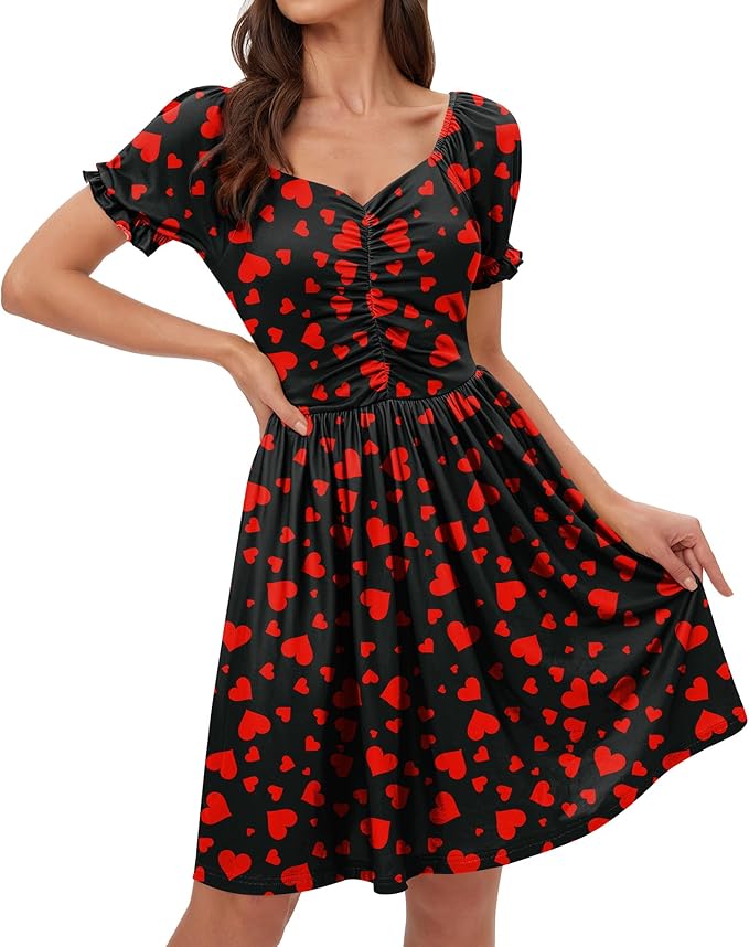 For G and PL Women's Valentine's Day Heart Print Ruched Puff Sleeves 1950s Swing Dress